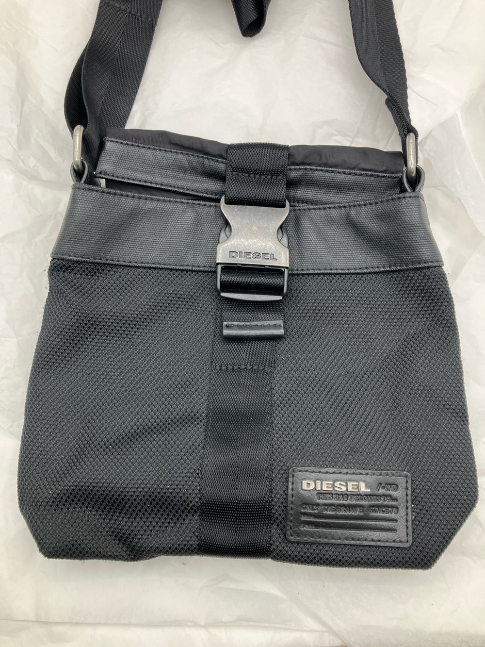 Y2K Diesel Black Men’s Messenger Crossbody Bag with Silver Buckle